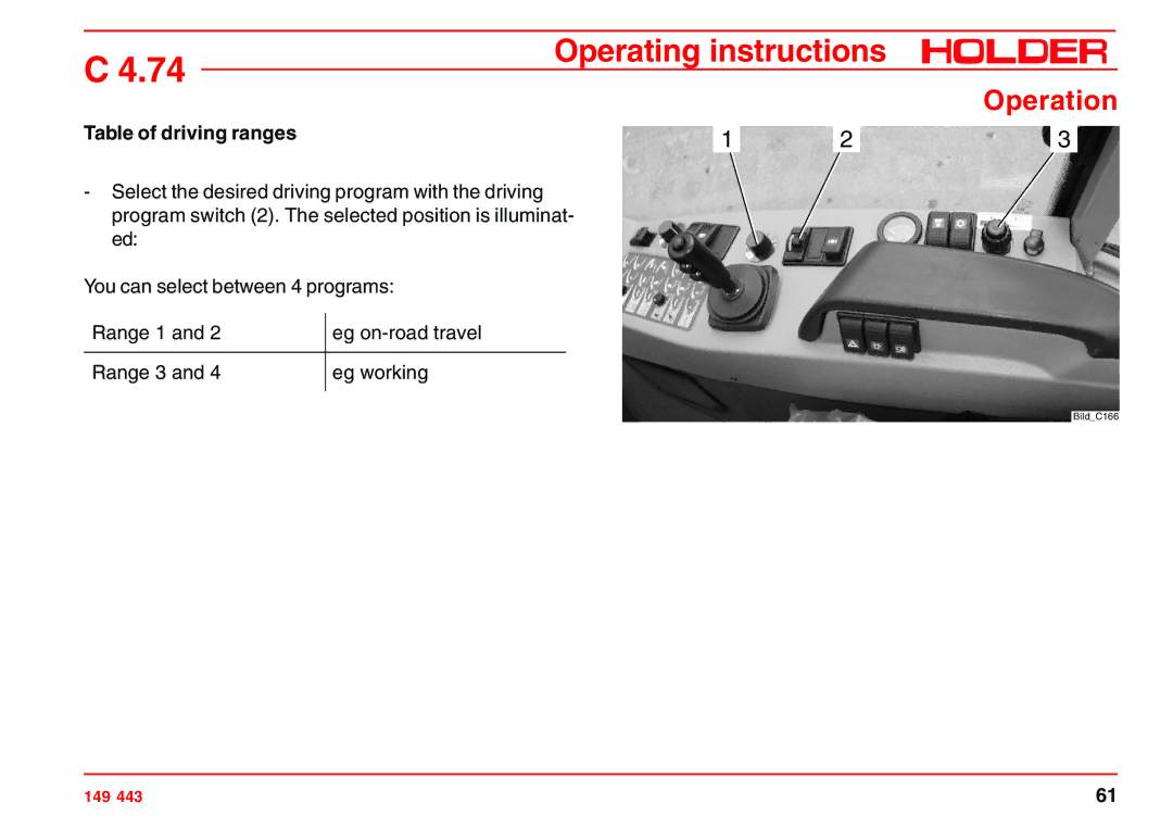 Holder 4.74 manual Operation, Table of driving ranges 