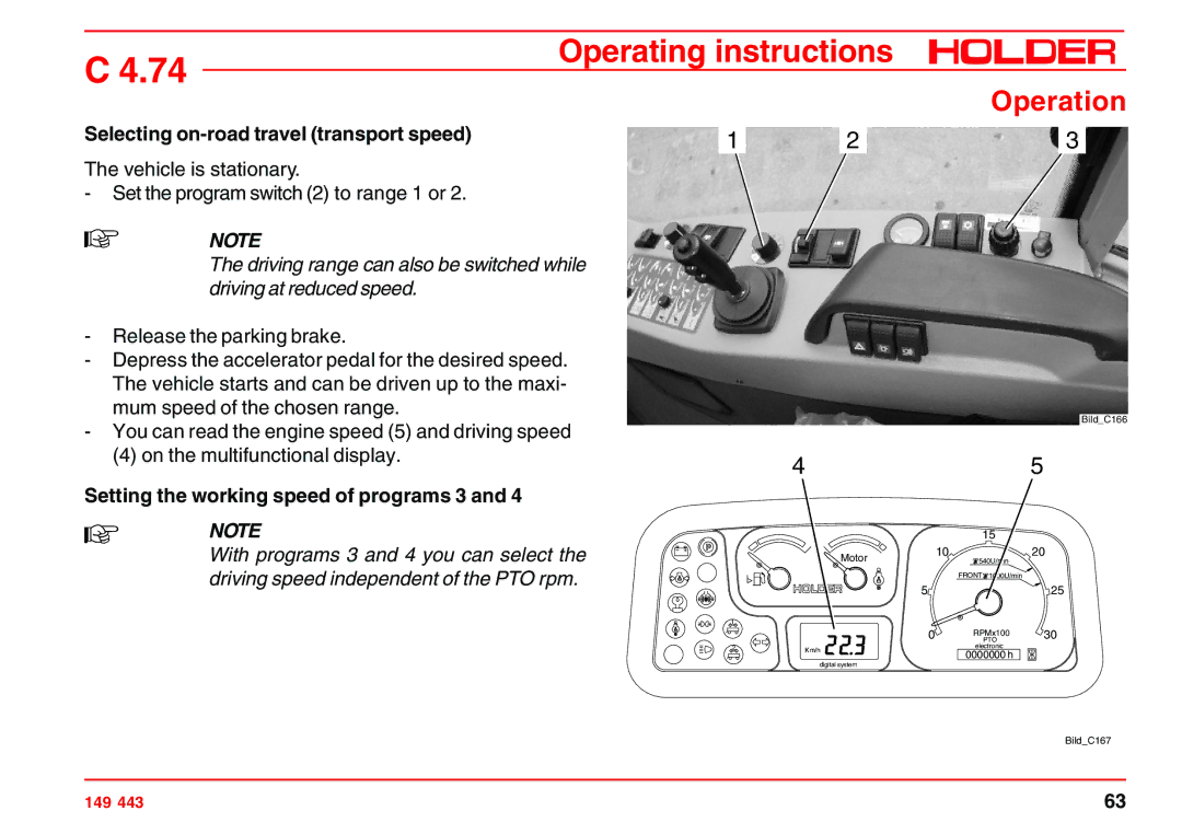 Holder 4.74 manual Selecting on-road travel transport speed, Setting the working speed of programs 3 