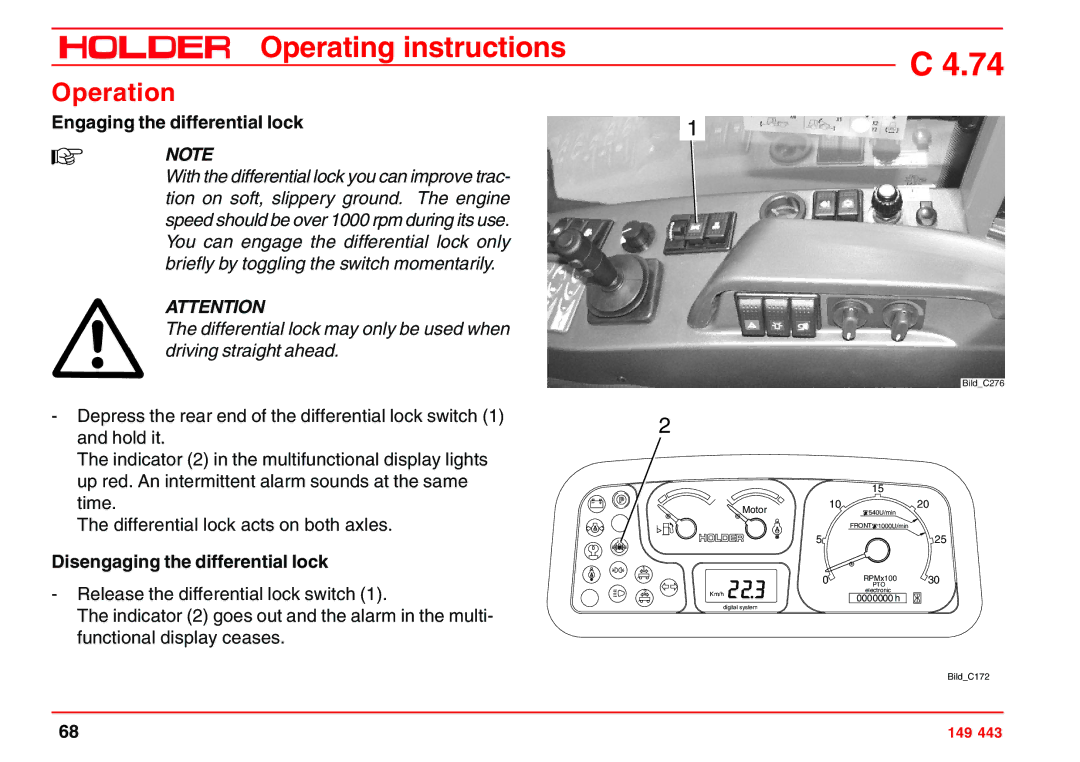 Holder 4.74 manual Engaging the differential lock, Disengaging the differential lock 