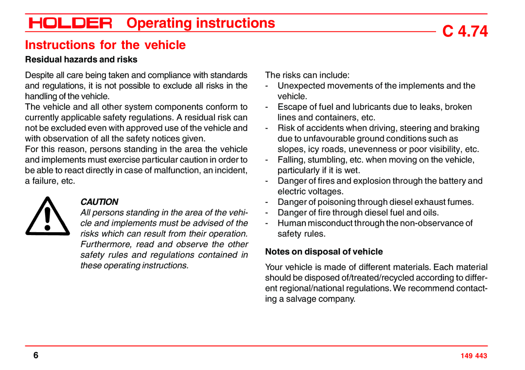 Holder 4.74 manual Instructions for the vehicle, Residual hazards and risks 