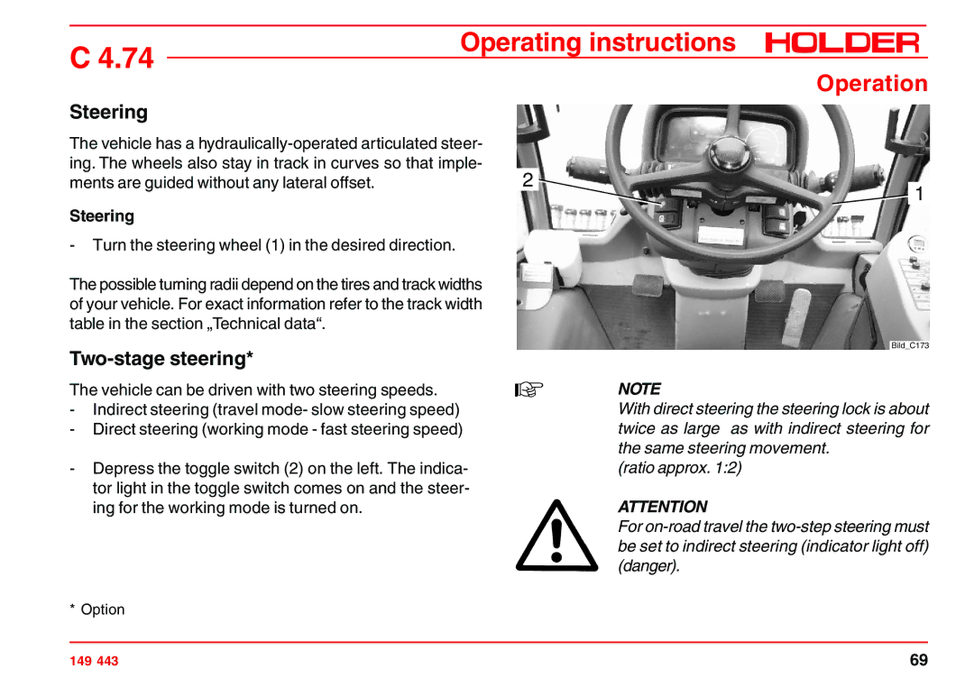 Holder 4.74 manual Steering, Two-stage steering 