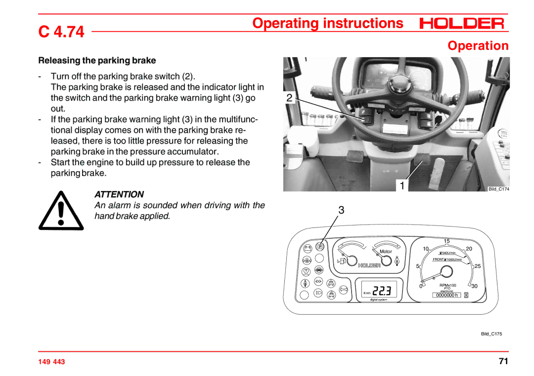 Holder 4.74 manual Releasing the parking brake, An alarm is sounded when driving with Hand brake applied 