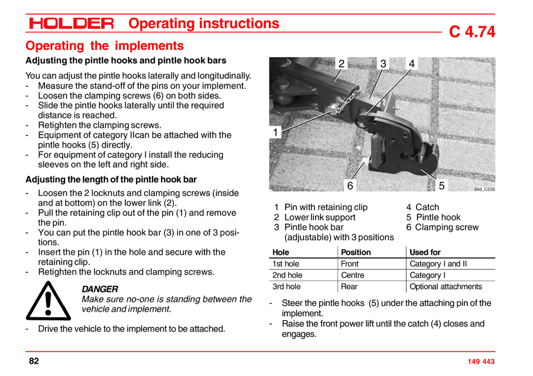 Holder 4.74 manual Adjusting the pintle hooks and pintle hook bars, Adjusting the length of the pintle hook bar 