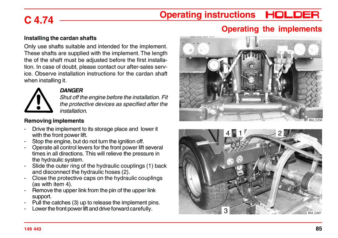 Holder 4.74 manual Installing the cardan shafts, Removing implements 