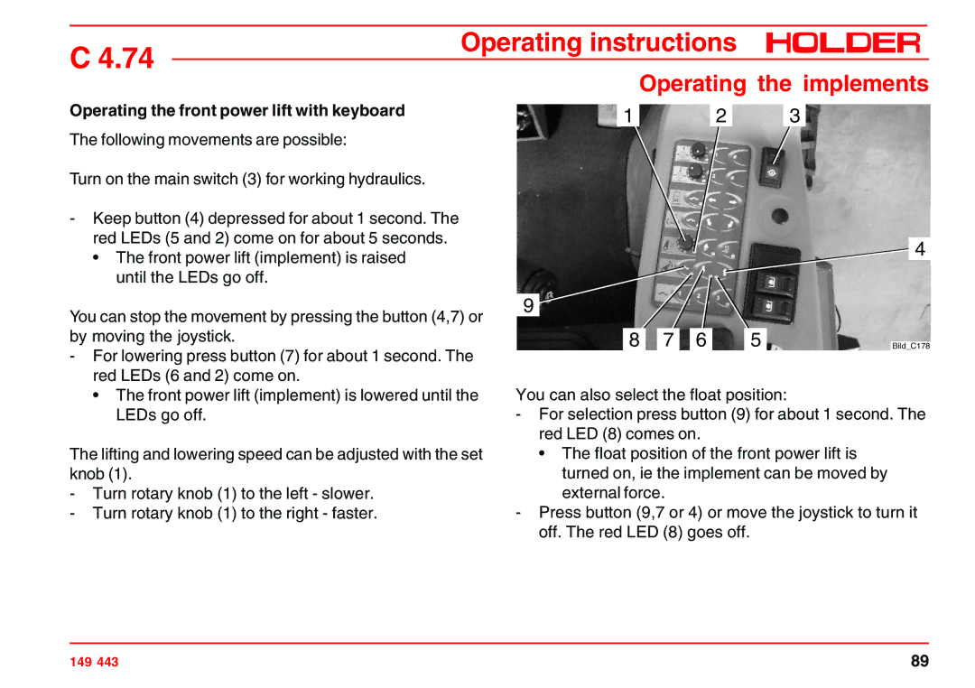 Holder 4.74 manual Operating the front power lift with keyboard 