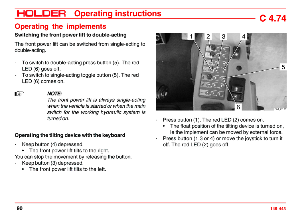 Holder 4.74 manual Switching the front power lift to double-acting, Operating the tilting device with the keyboard 