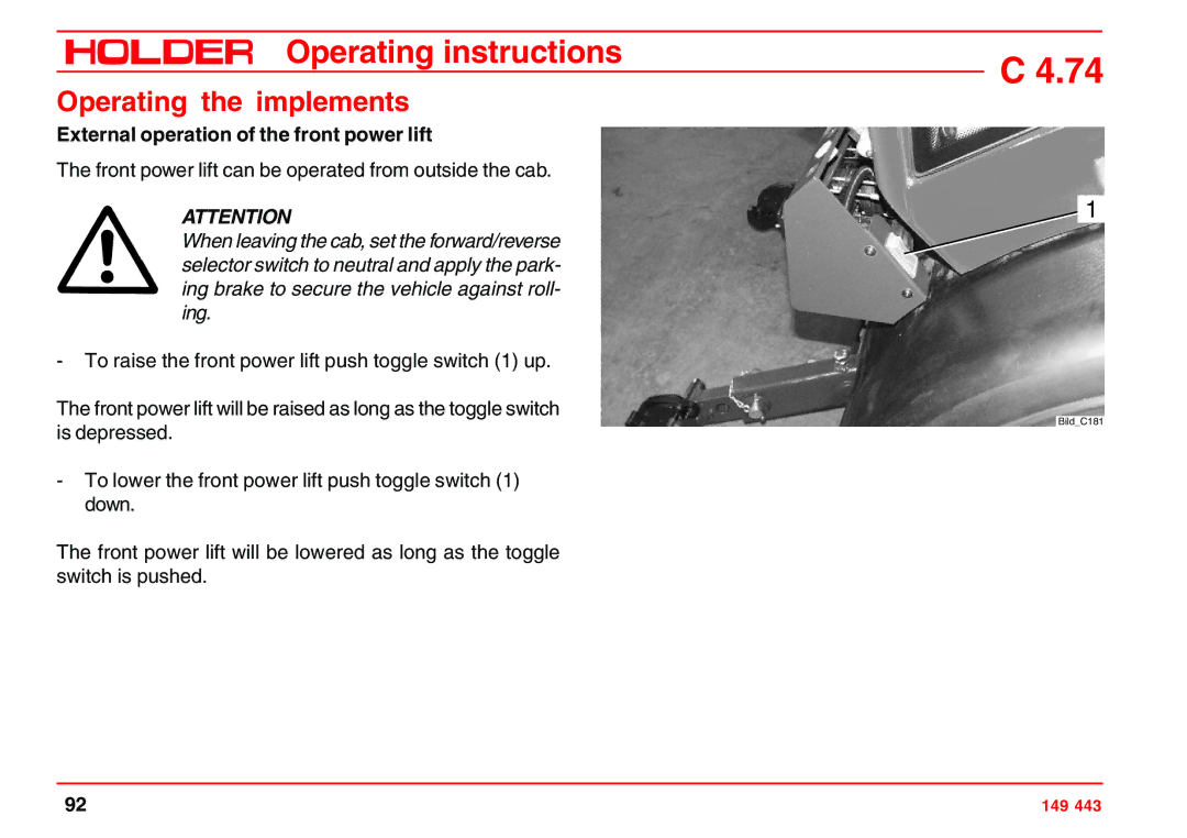 Holder 4.74 manual External operation of the front power lift 