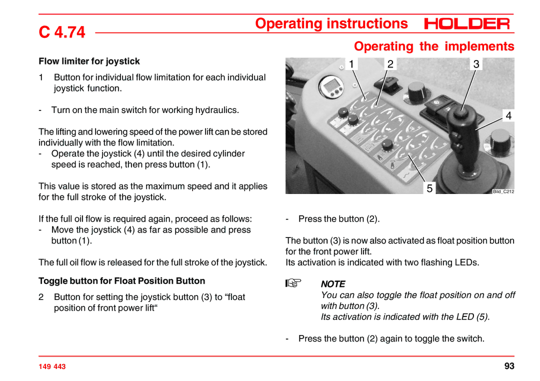 Holder 4.74 manual Flow limiter for joystick, Toggle button for Float Position Button 