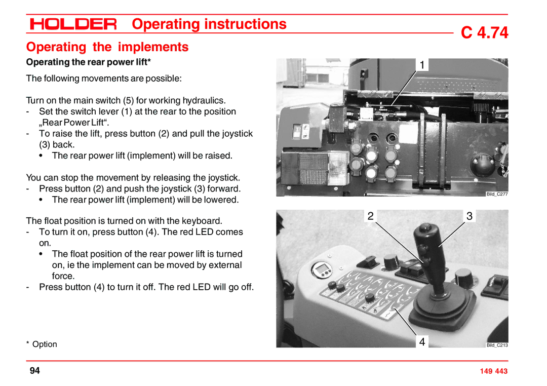 Holder 4.74 manual Operating the rear power lift 