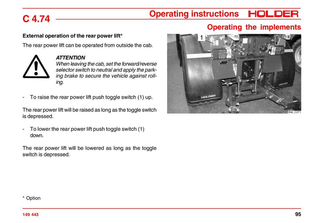 Holder 4.74 manual External operation of the rear power lift 