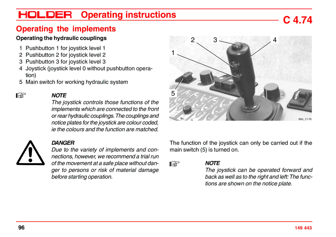 Holder 4.74 manual Operating the hydraulic couplings 