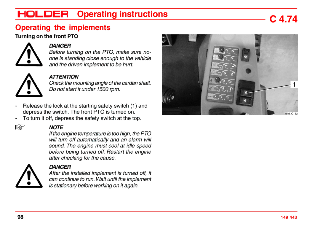 Holder 4.74 manual Turning on the front PTO 