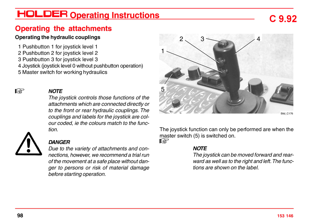 Holder C 9.92 H operating instructions Operating the hydraulic couplings 