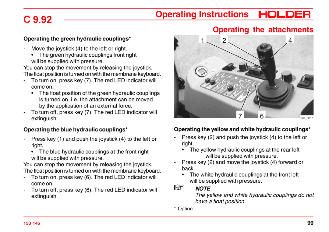 Holder C 9.92 H operating instructions Operating the green hydraulic couplings, Operating the blue hydraulic couplings 