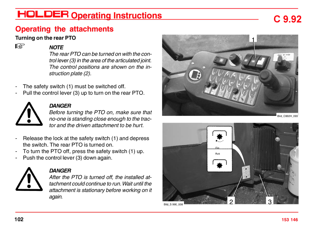 Holder C 9.92 H operating instructions Turning on the rear PTO 