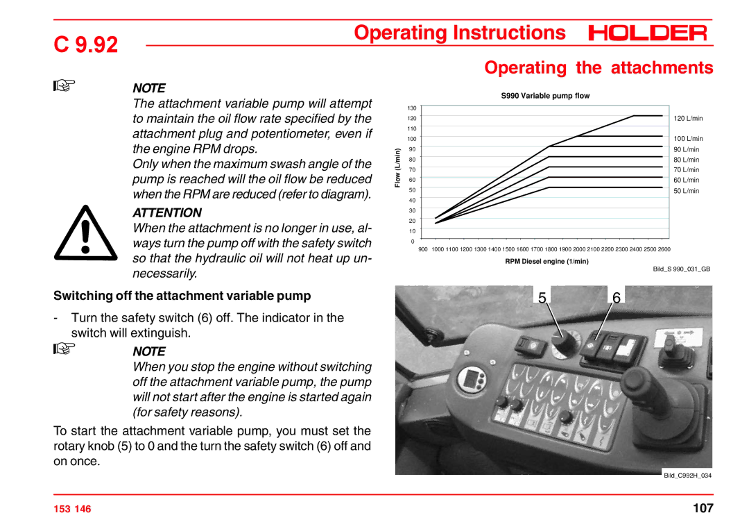 Holder C 9.92 H operating instructions Switching off the attachment variable pump, S990 Variable pump flow 