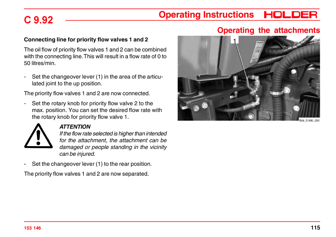 Holder C 9.92 H operating instructions Connecting line for priority flow valves 1 