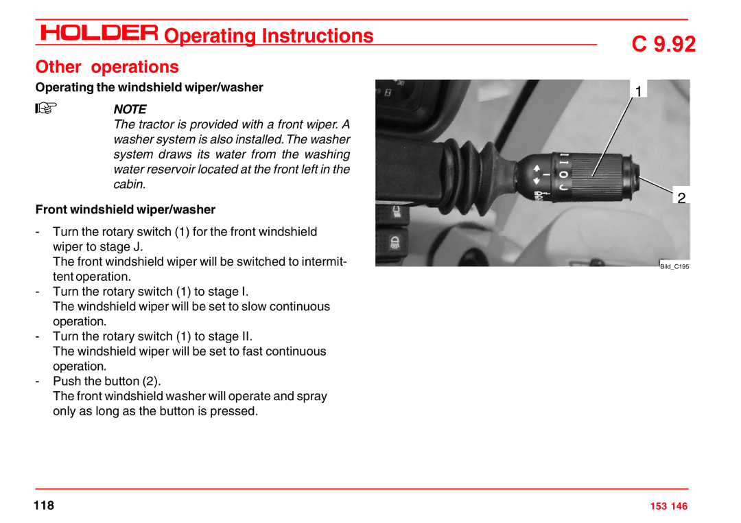 Holder C 9.92 H Other operations, Operating the windshield wiper/washer, Front windshield wiper/washer 