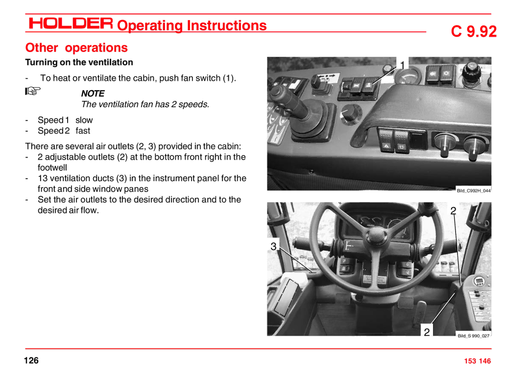 Holder C 9.92 H operating instructions Turning on the ventilation, Ventilation fan has 2 speeds 