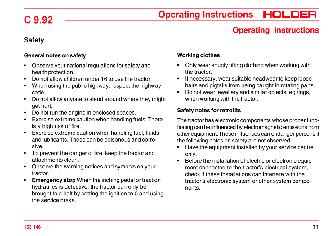 Holder C 9.92 H operating instructions General notes on safety, Working clothes, Safety notes for retrofits 