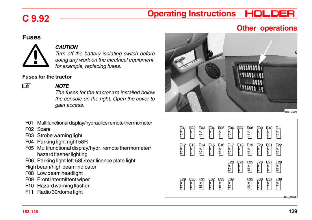 Holder C 9.92 H operating instructions Fuses for the tractor 