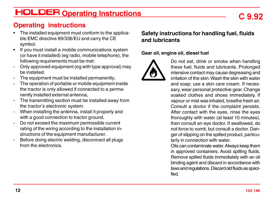 Holder C 9.92 H Safety instructions for handling fuel, fluids and lubricants, Gear oil, engine oil, diesel fuel 