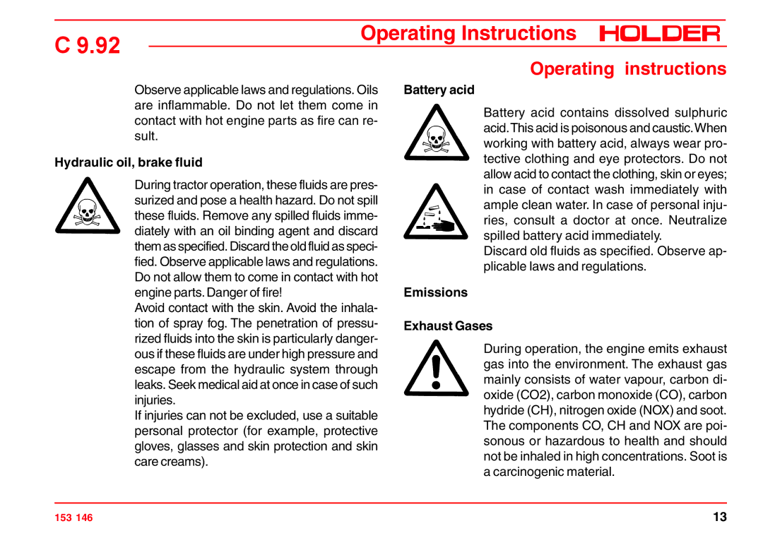 Holder C 9.92 H operating instructions Hydraulic oil, brake fluid, Battery acid, Emissions Exhaust Gases 