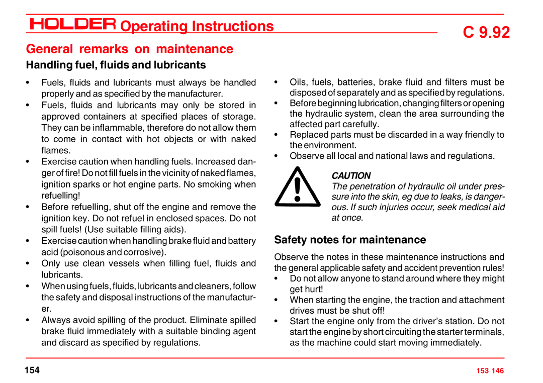 Holder C 9.92 H General remarks on maintenance, Handling fuel, fluids and lubricants, Safety notes for maintenance 