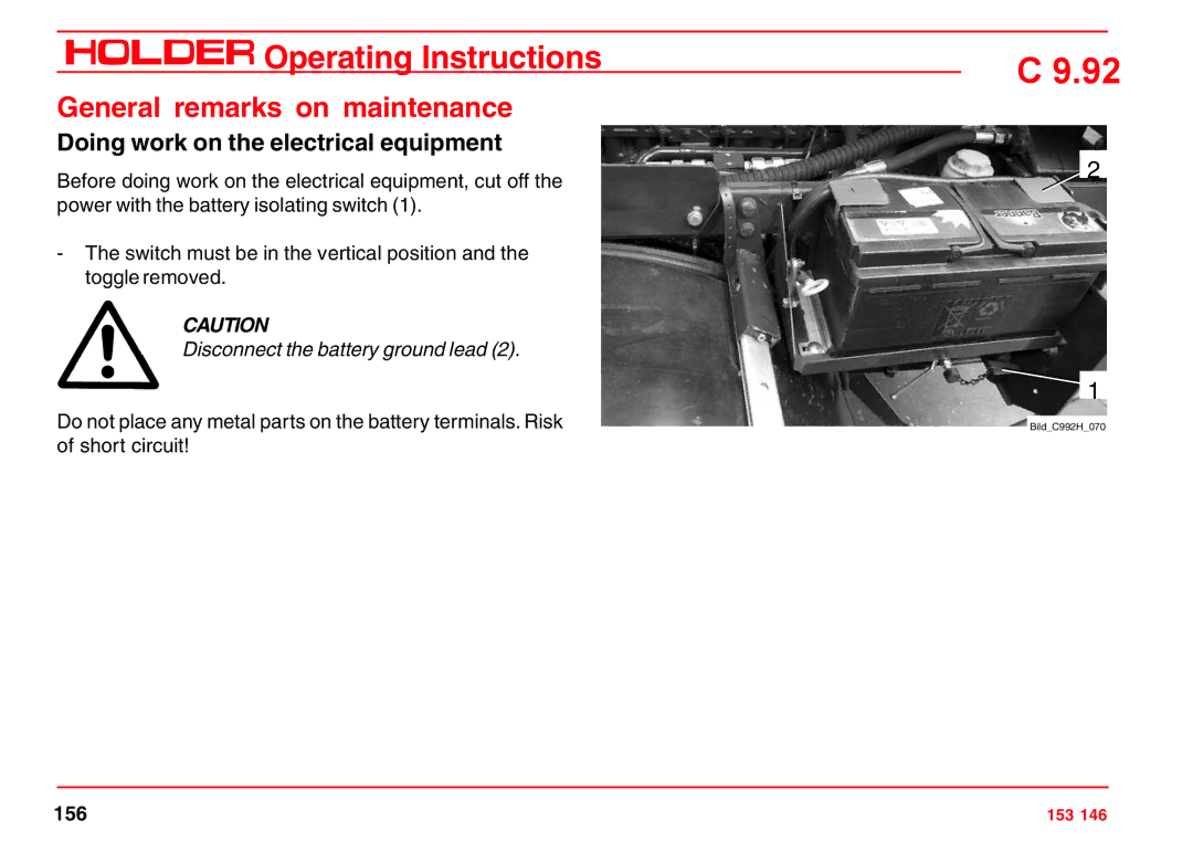 Holder C 9.92 H operating instructions Doing work on the electrical equipment, Disconnect the battery ground lead 