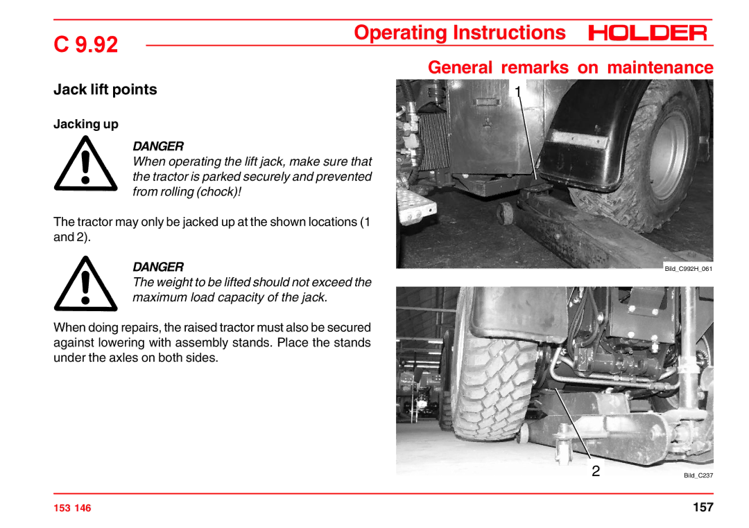 Holder C 9.92 H operating instructions Jack lift points, Jacking up 