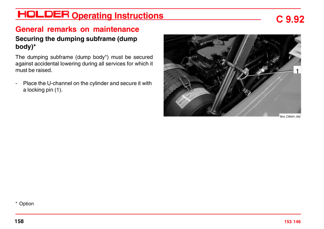 Holder C 9.92 H operating instructions Securing the dumping subframe dump body 