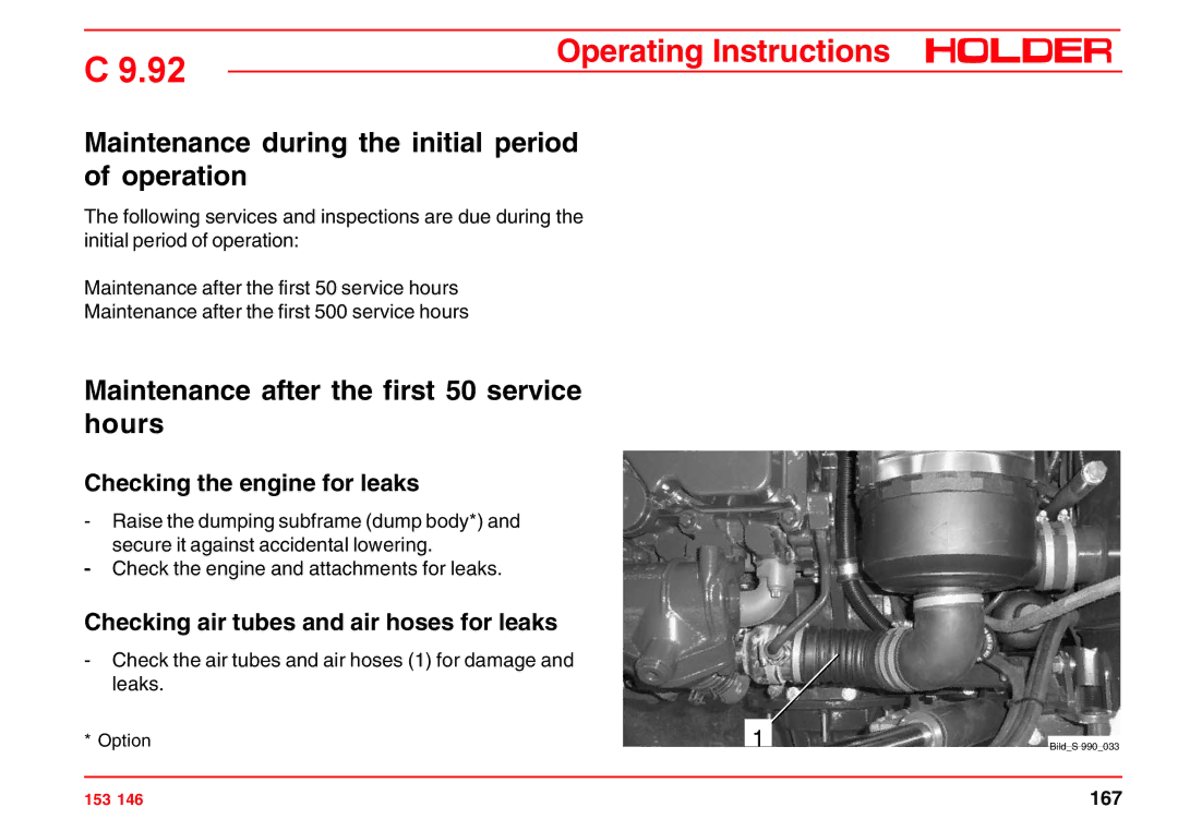 Holder C 9.92 H Maintenance during the initial period of operation, Maintenance after the first 50 service hours 