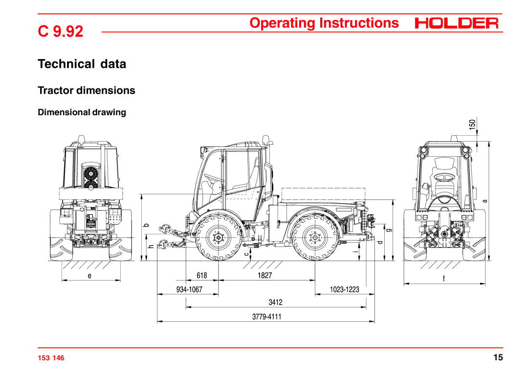 Holder C 9.92 H operating instructions Technical data, Tractor dimensions, Dimensional drawing 