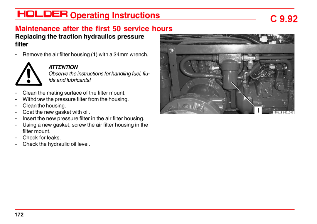 Holder C 9.92 H operating instructions Replacing the traction hydraulics pressure filter, 172 