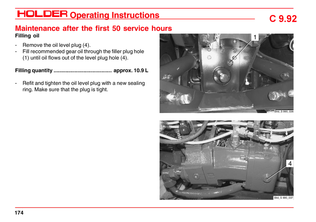 Holder C 9.92 H operating instructions Filling oil, 174 