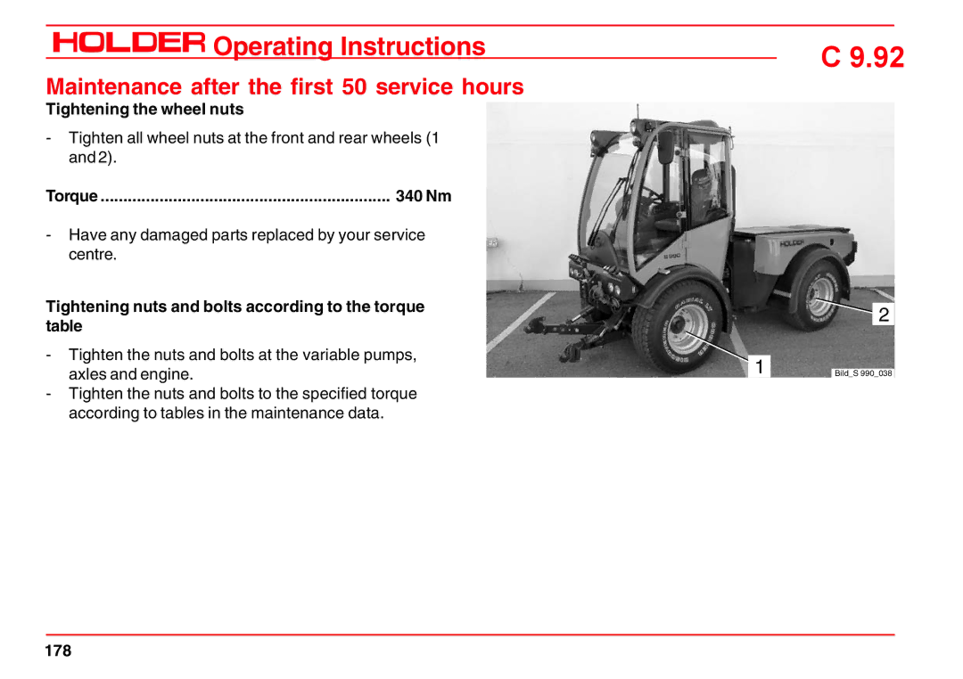 Holder C 9.92 H Tightening the wheel nuts, Tightening nuts and bolts according to the torque table, 178 