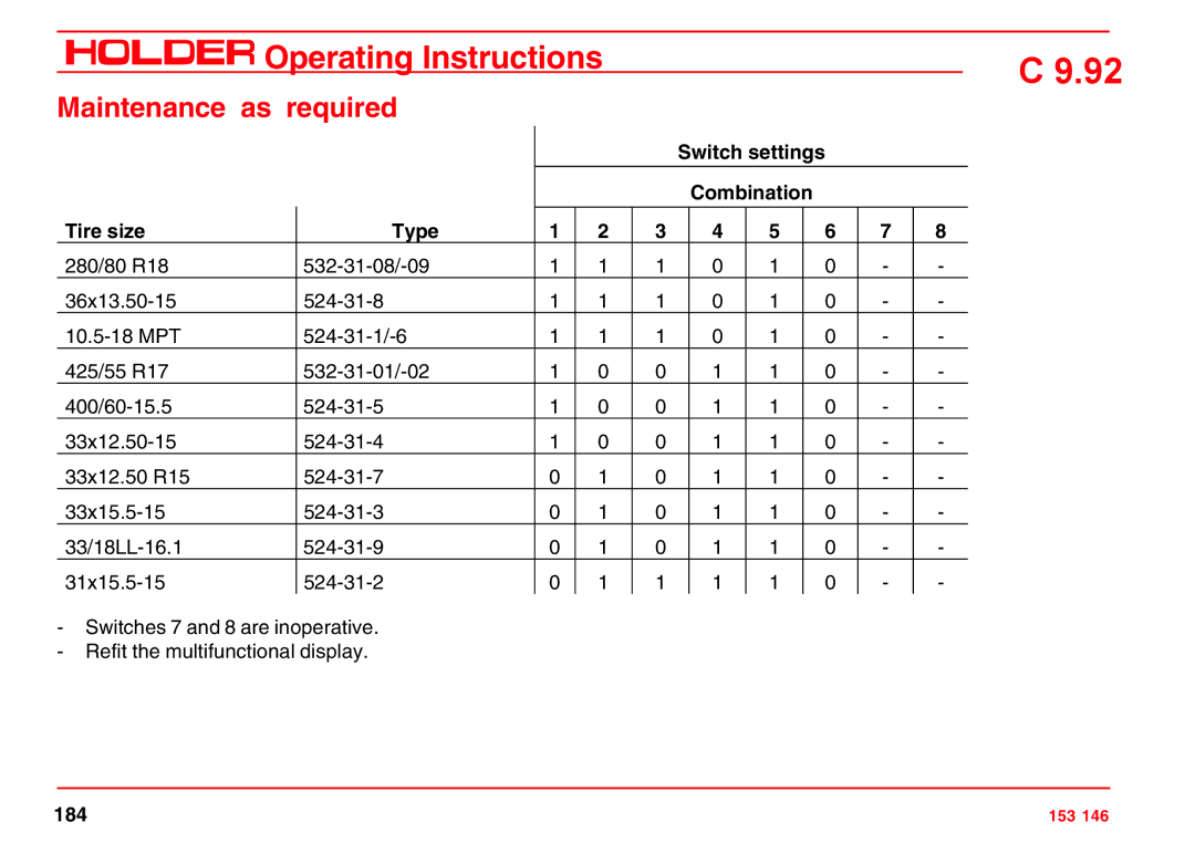 Holder C 9.92 H operating instructions Maintenance as required, Switch settings Combination Tire size Type 