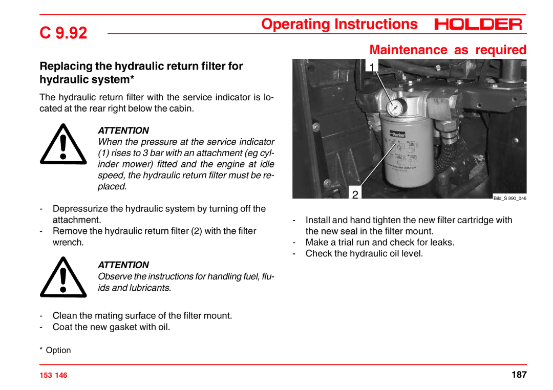 Holder C 9.92 H operating instructions Replacing the hydraulic return filter for hydraulic system 