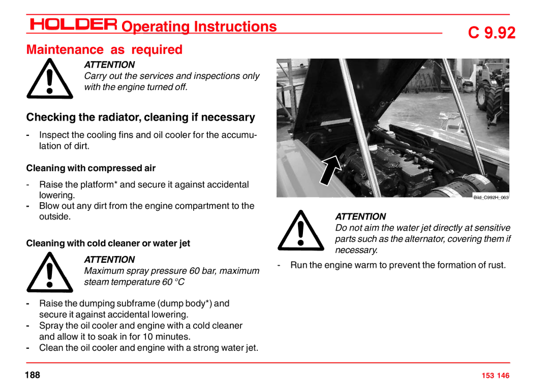 Holder C 9.92 H operating instructions Checking the radiator, cleaning if necessary, Cleaning with compressed air 