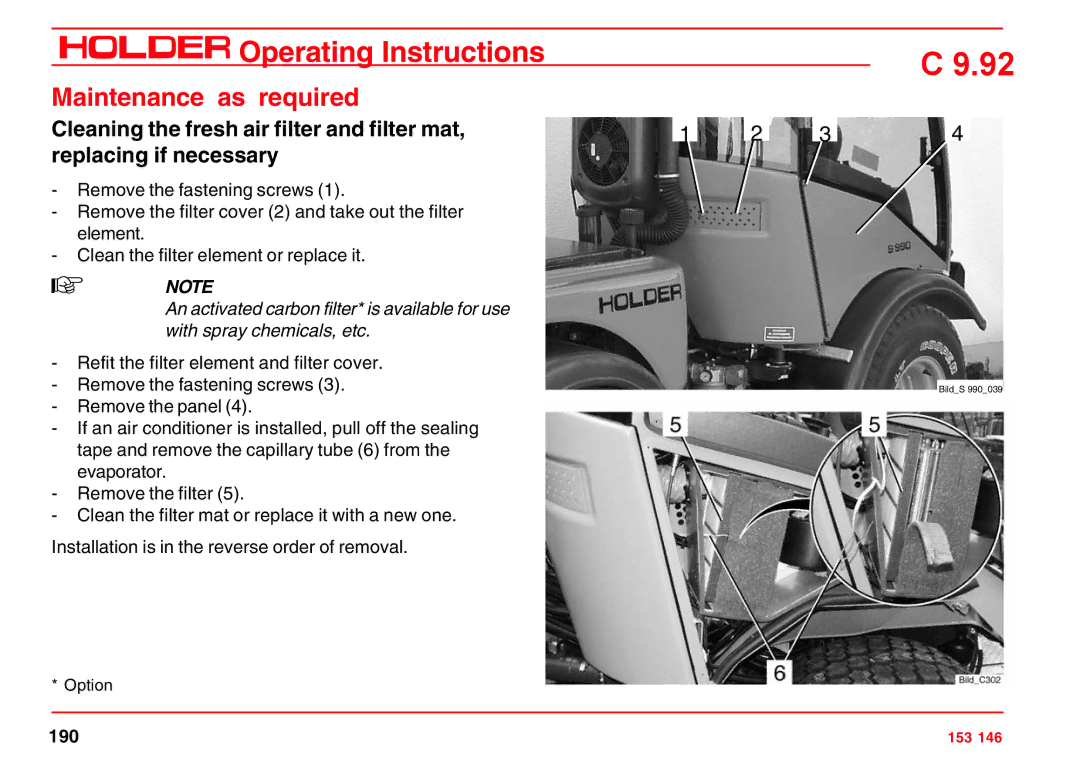 Holder C 9.92 H operating instructions 190 