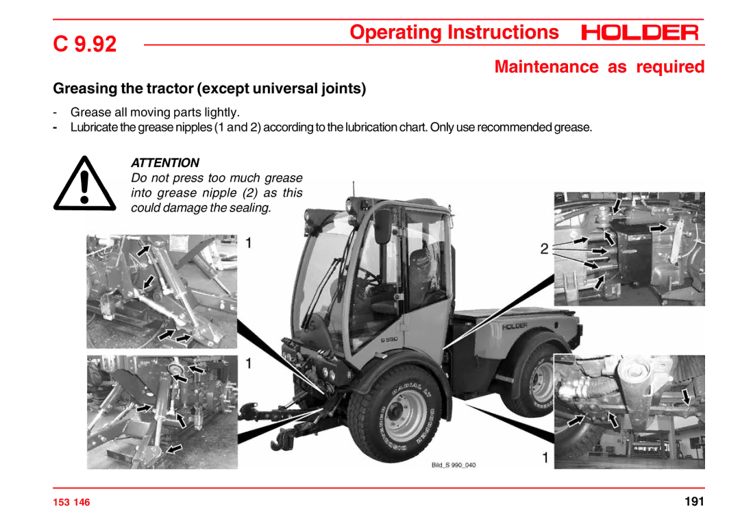 Holder C 9.92 H operating instructions Greasing the tractor except universal joints 