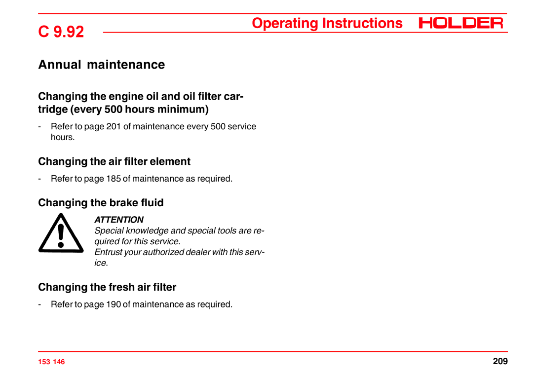 Holder C 9.92 H operating instructions Annual maintenance, Changing the air filter element, Changing the brake fluid 