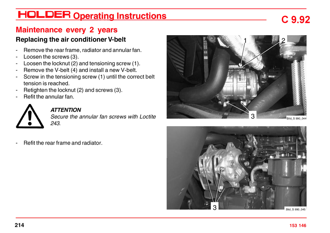 Holder C 9.92 H operating instructions Maintenance every 2 years, Replacing the air conditioner V-belt 