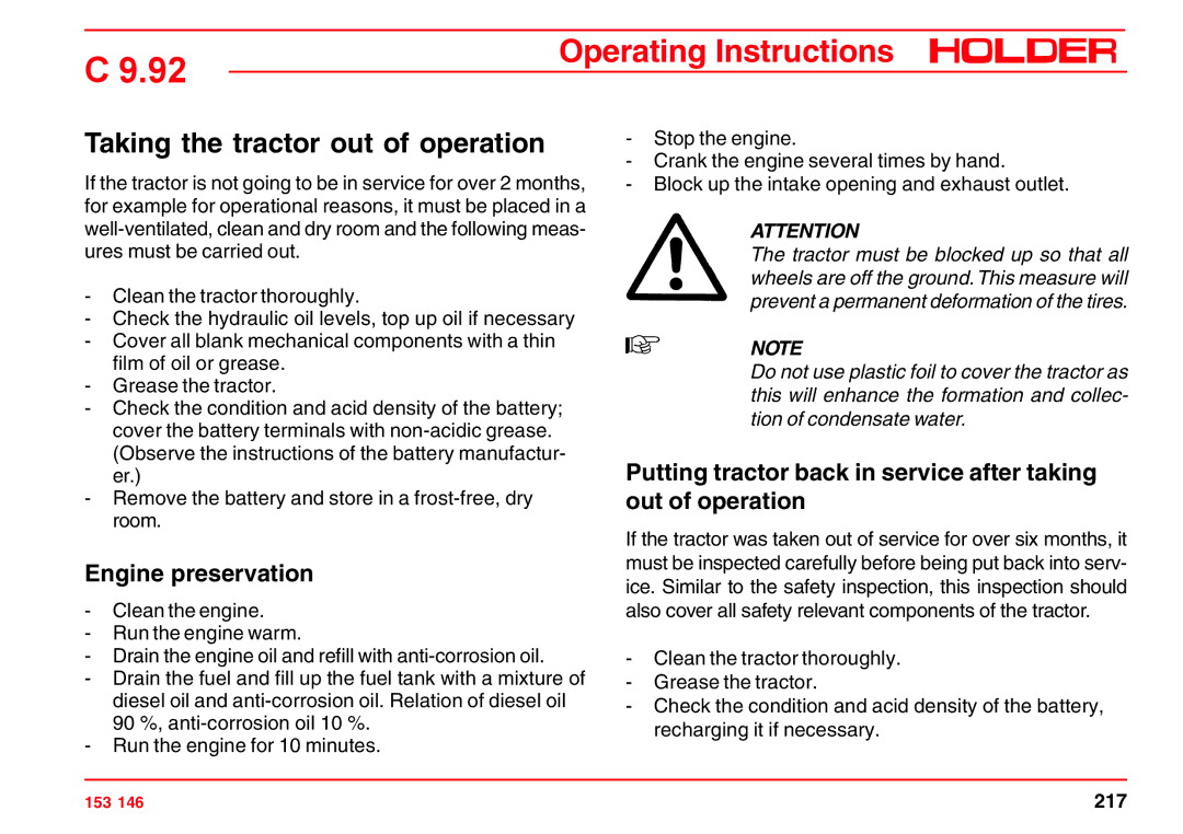 Holder C 9.92 H operating instructions Taking the tractor out of operation, Engine preservation 