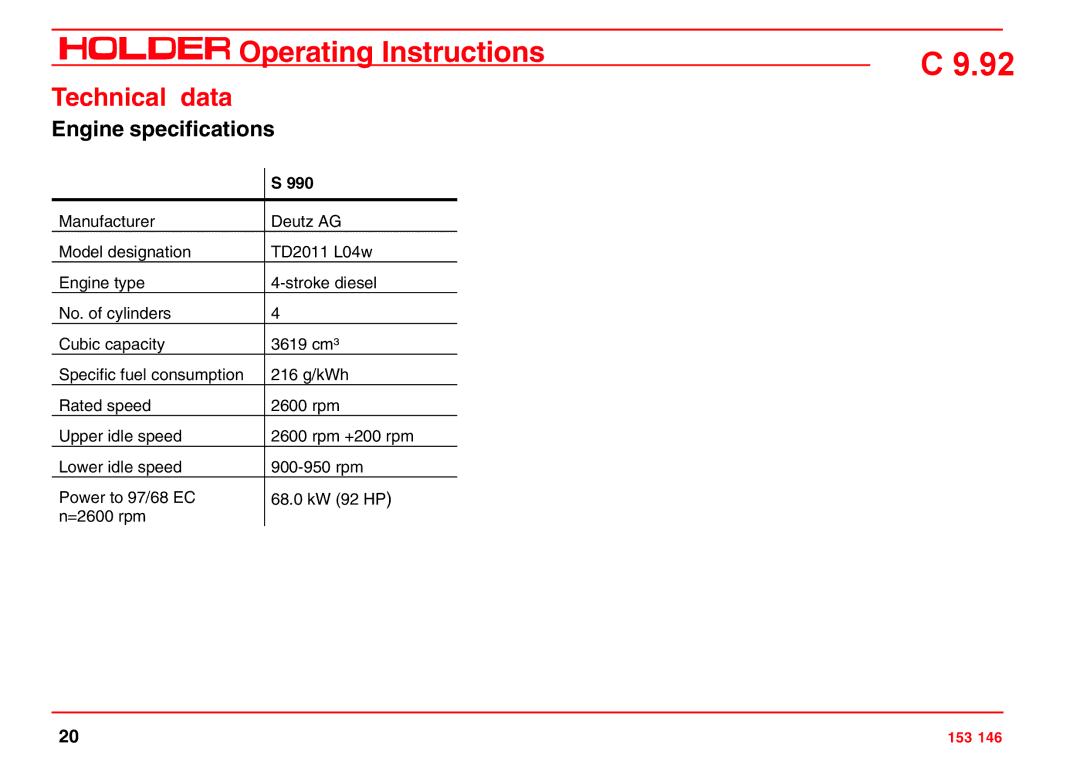 Holder C 9.92 H operating instructions Engine specifications, 990 