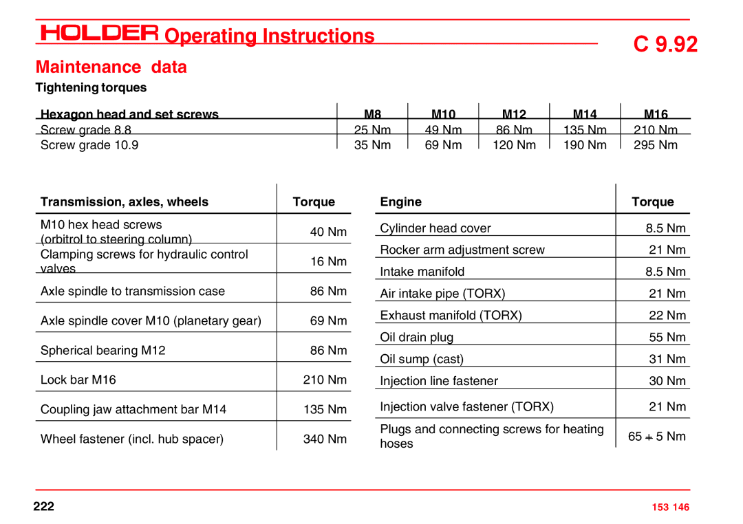 Holder C 9.92 H operating instructions Maintenance data, Engine Torque Transmission, axles, wheels 