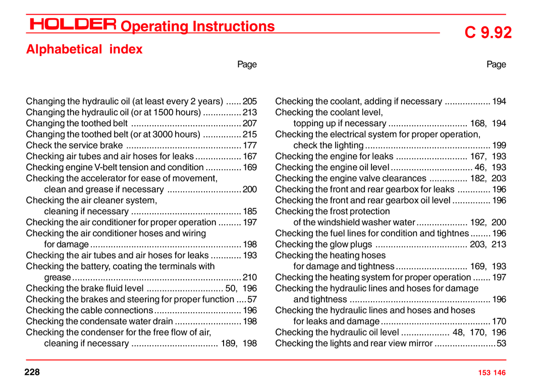 Holder C 9.92 H operating instructions Alphabetical index, 210 