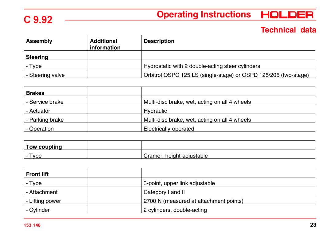 Holder C 9.92 H Assembly Additional Description Information Steering, Brakes, Tow coupling, Front lift 