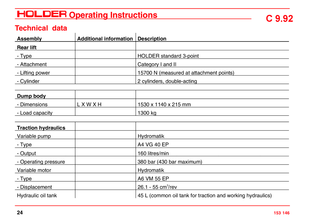 Holder C 9.92 H Assembly Additional information Description Rear lift, Dump body, Traction hydraulics 