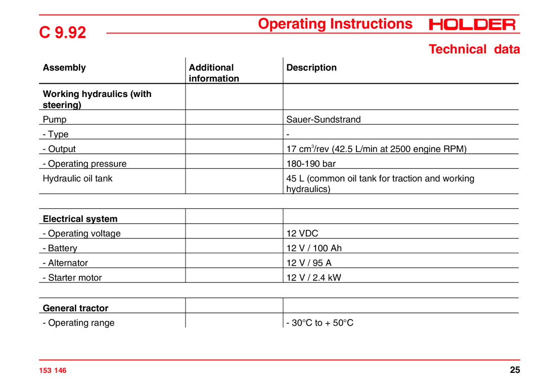 Holder C 9.92 H operating instructions Electrical system, General tractor 